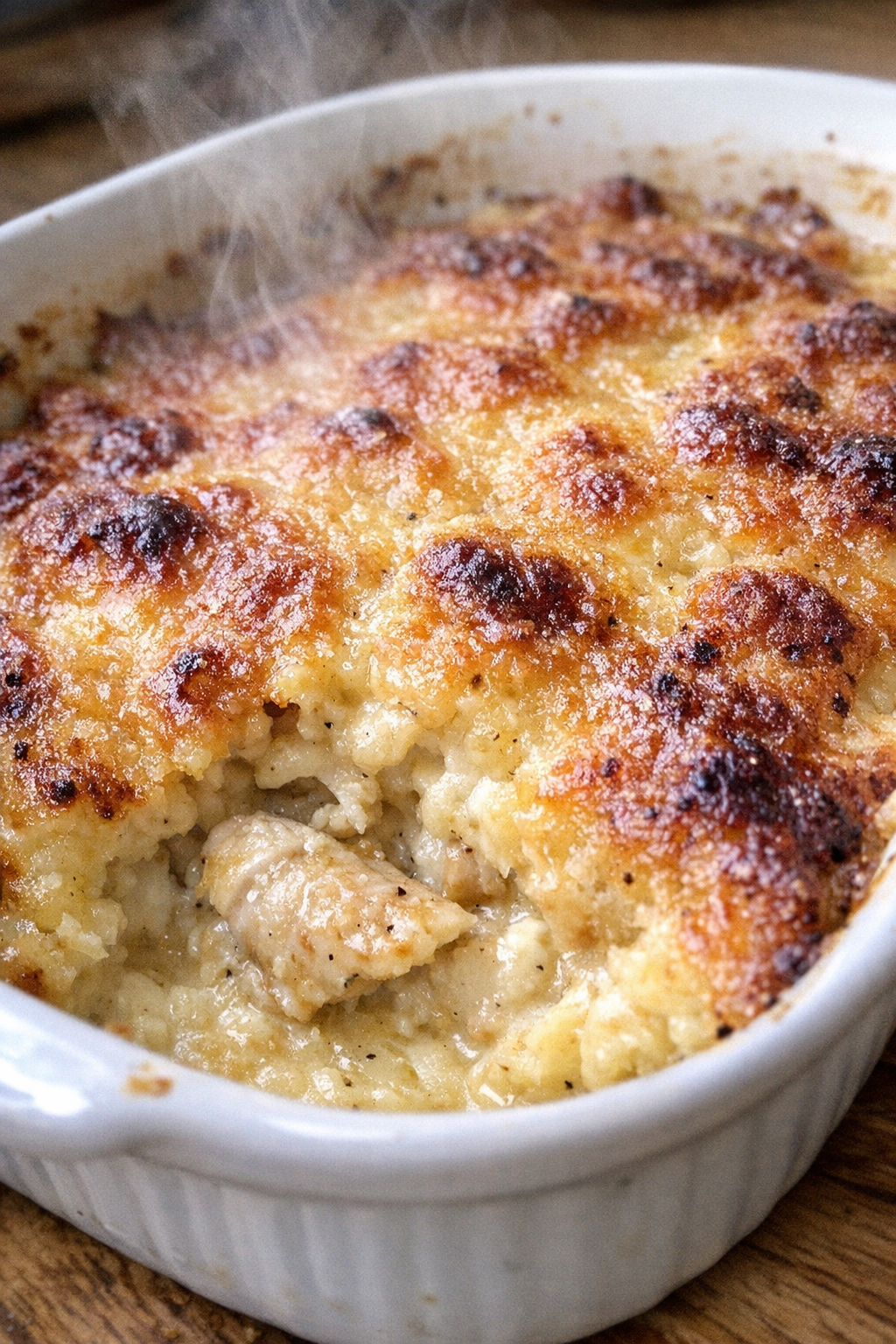 Bubbly golden-crusted party bake in a ceramic dish