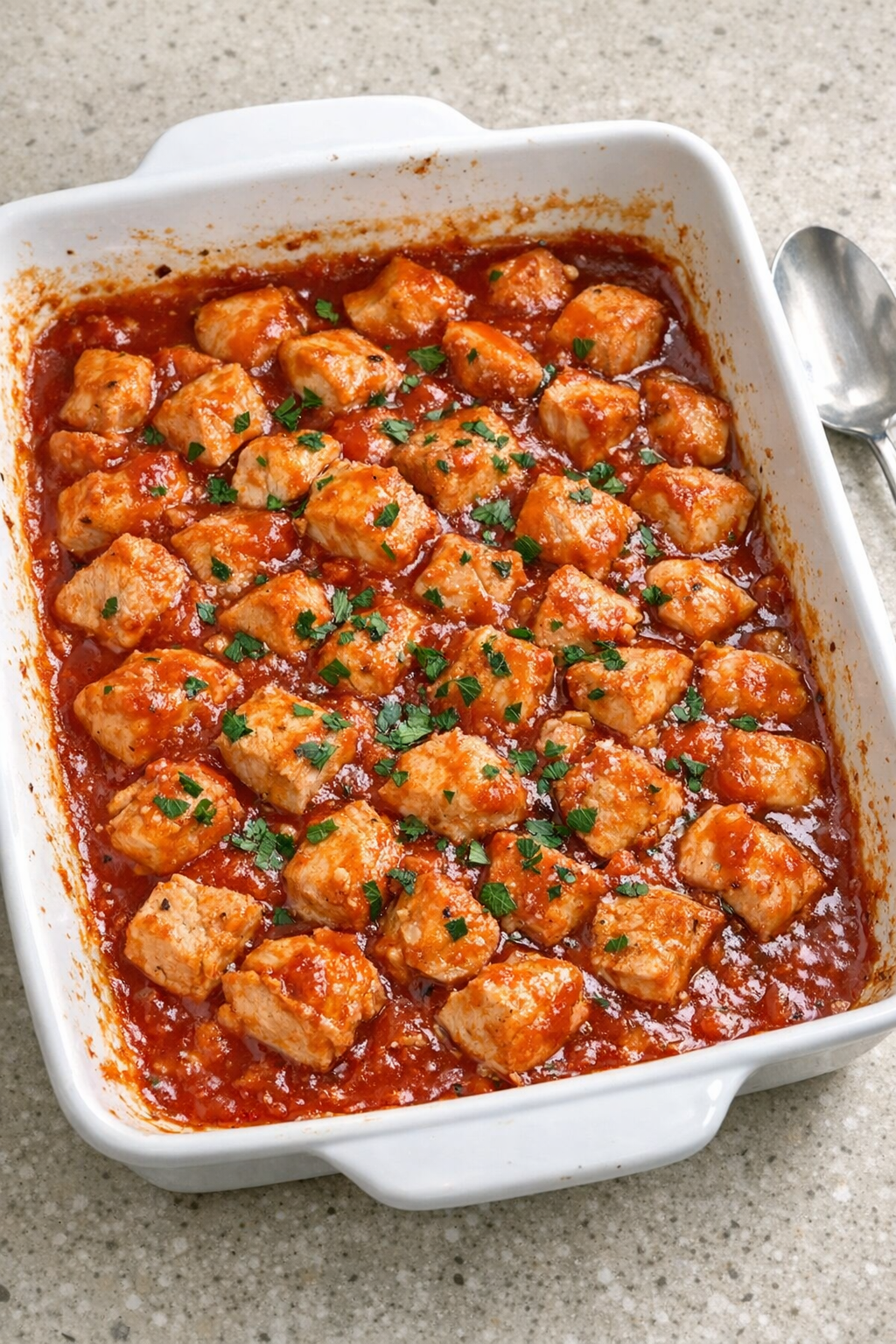 Finished baked diced chicken in red sauce in a ceramic baking dish