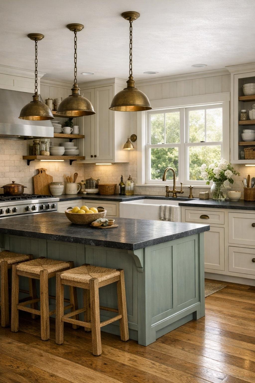 Large farmhouse kitchen with a sage island, soapstone counters, and an apron-front sink