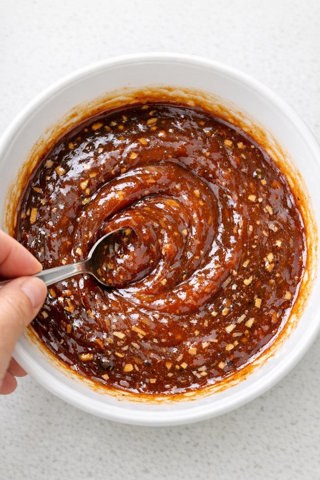 De saus wordt in een kom gemengd.