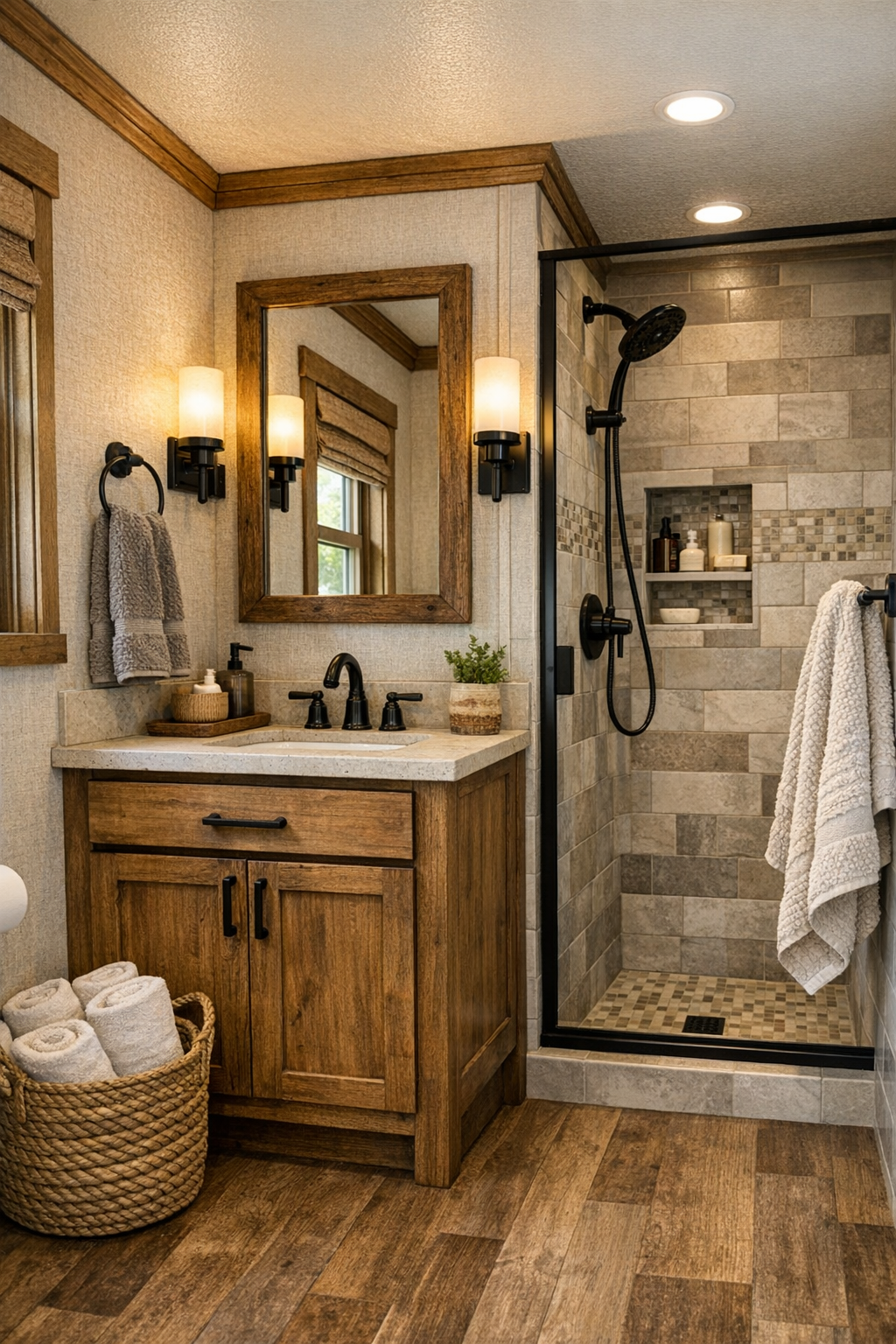 Rustic modern bathroom with wood vanity, black fixtures, and tiled shower