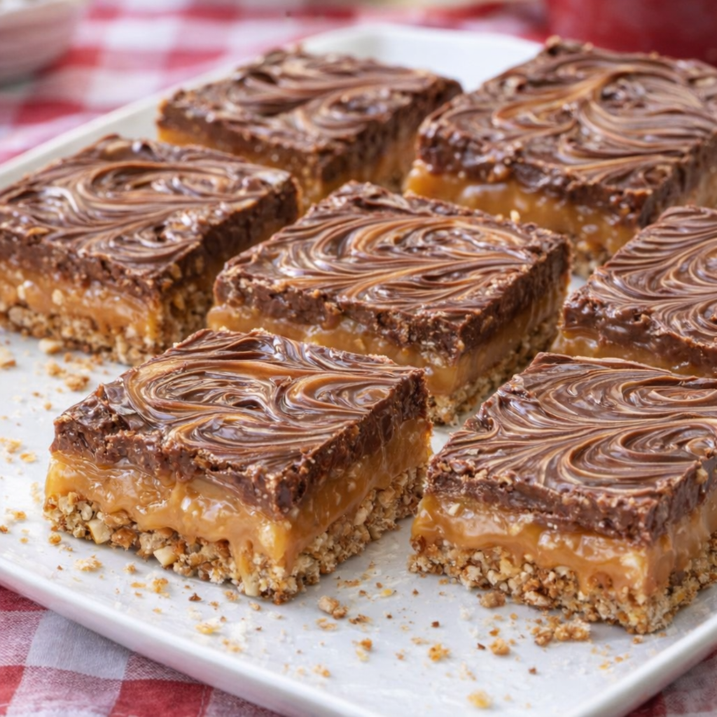 Cut caramel pretzel bars arranged on a white platter