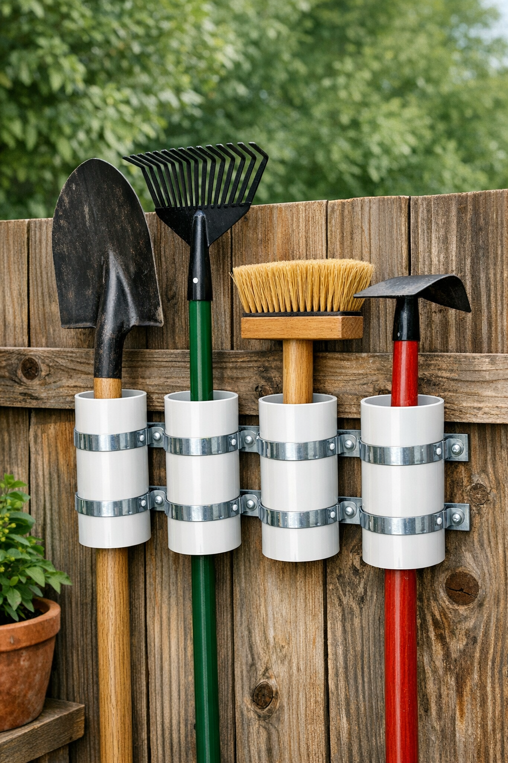 Finished PVC garden tool holder mounted on a rustic wood fence
