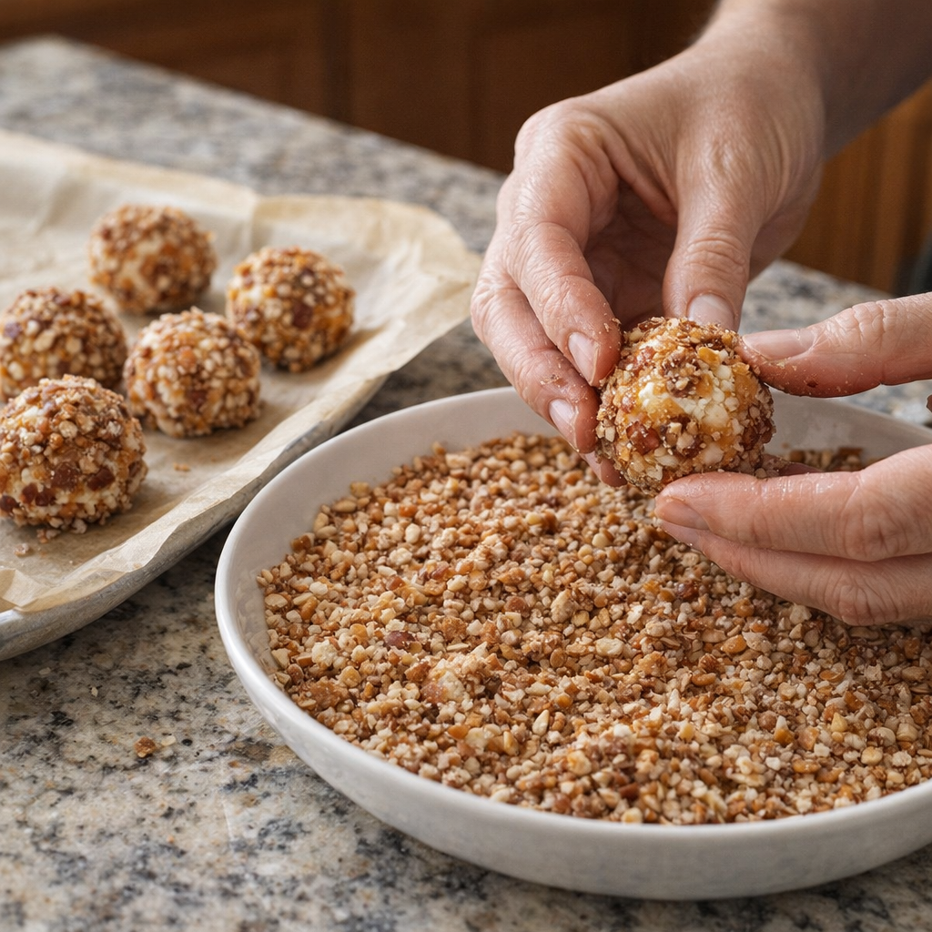 Mini cheese balls being coated in chopped pecans