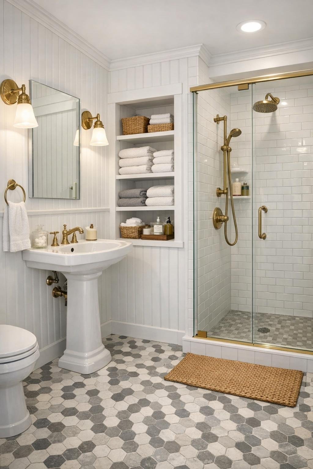 Charming cottage bathroom with beadboard and hex tile floor