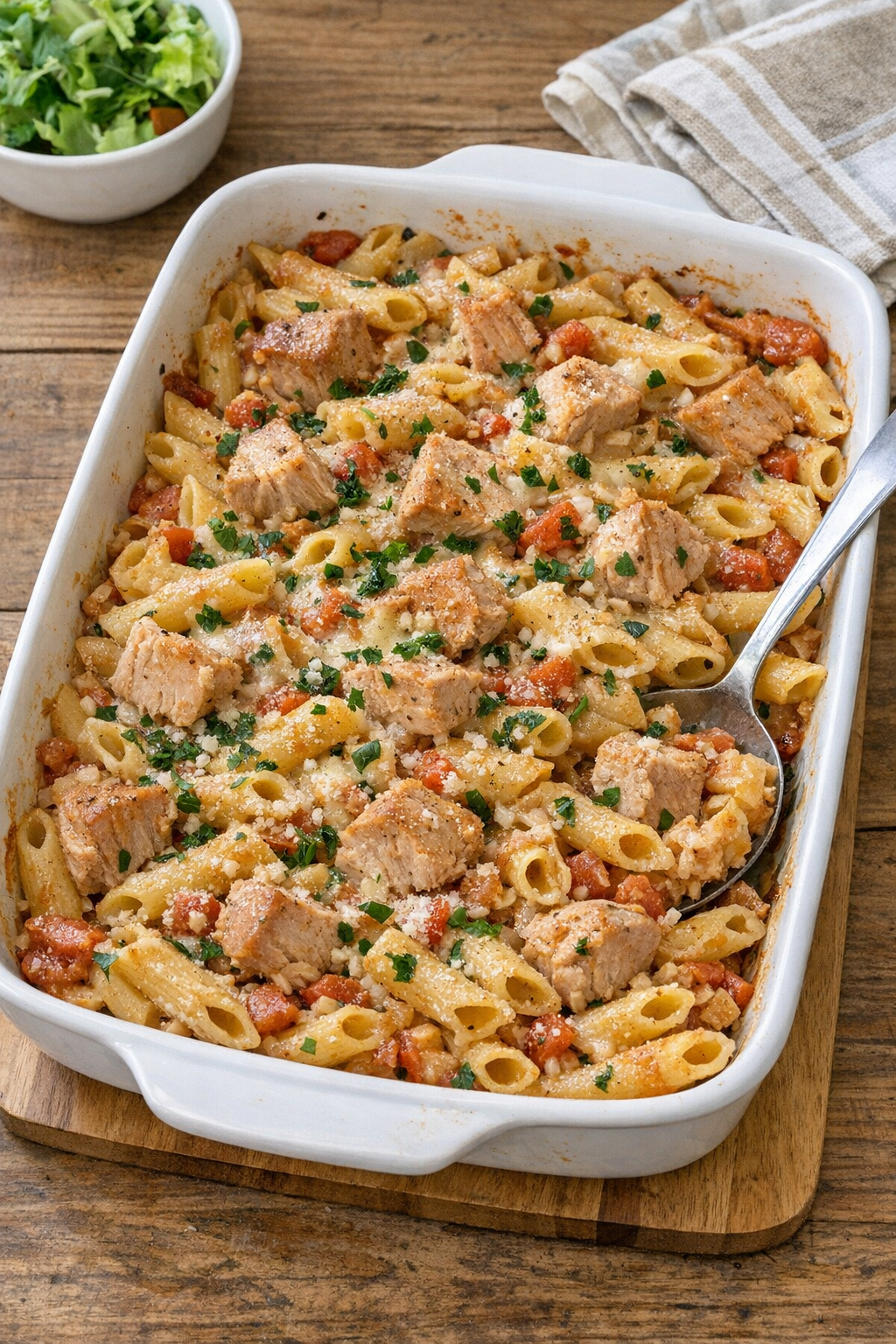 Finished baked albacore tuna pasta in a casserole dish