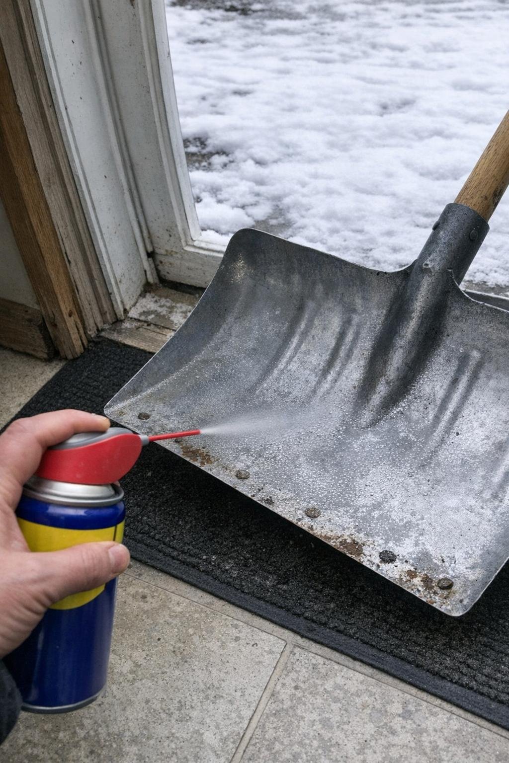 WD-40 sprayed onto a snow shovel blade before a storm