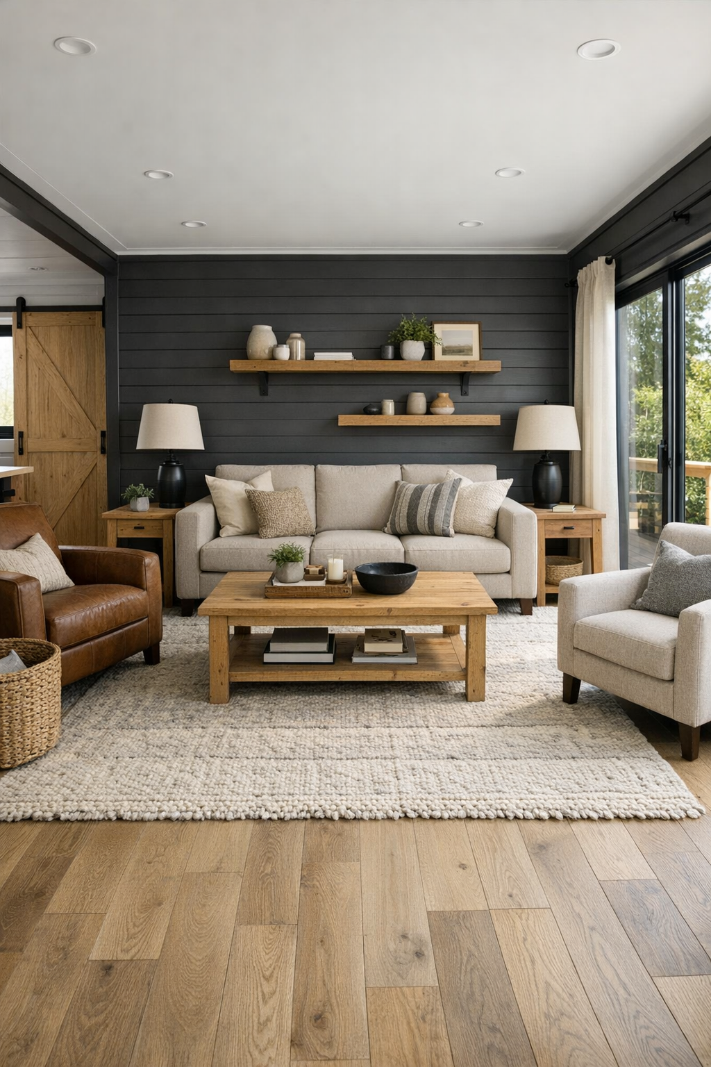 Accessible living room with warm neutral seating, pale wood finishes, and wide open circulation