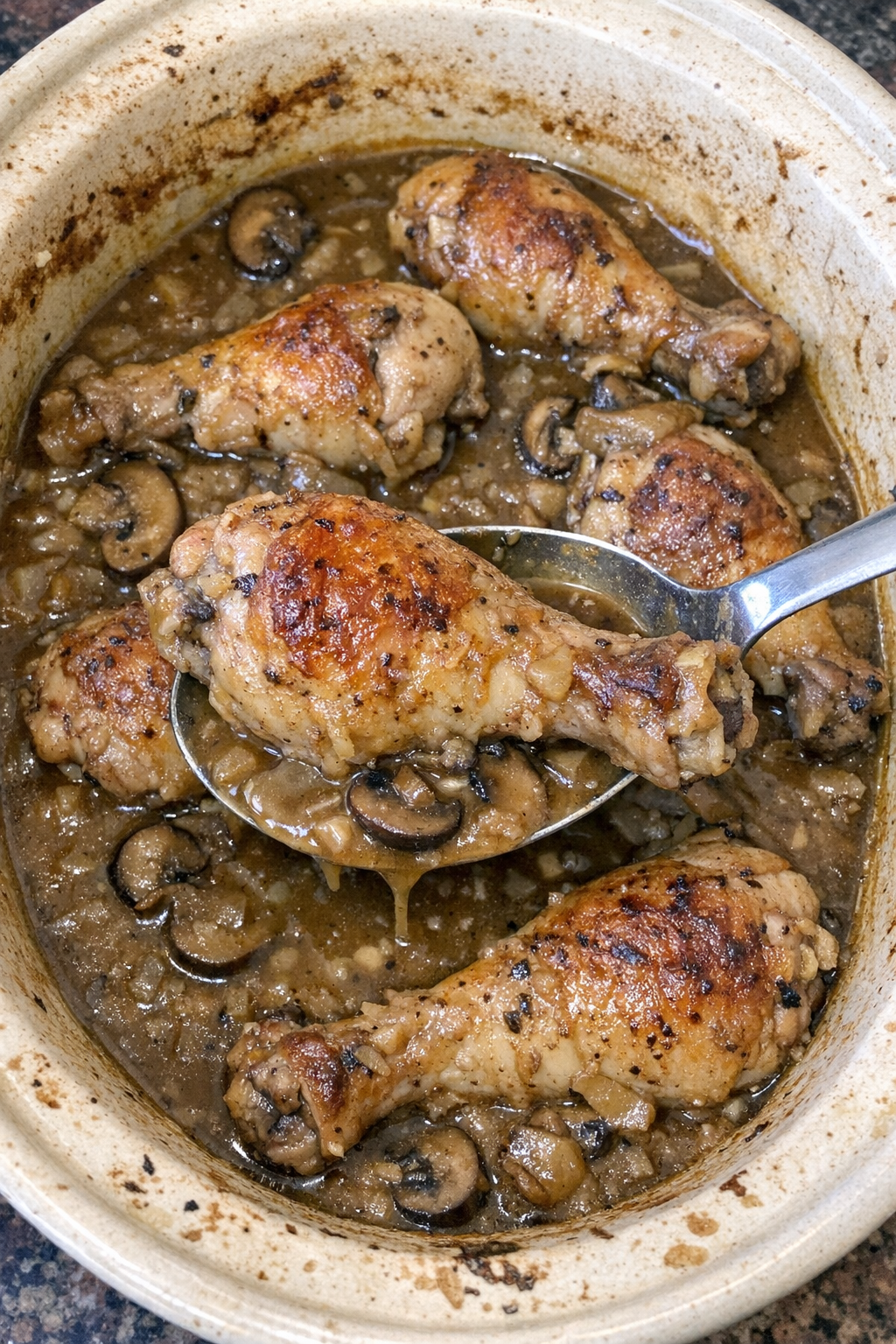 Chicken drumsticks in mushroom gravy in a stoneware casserole