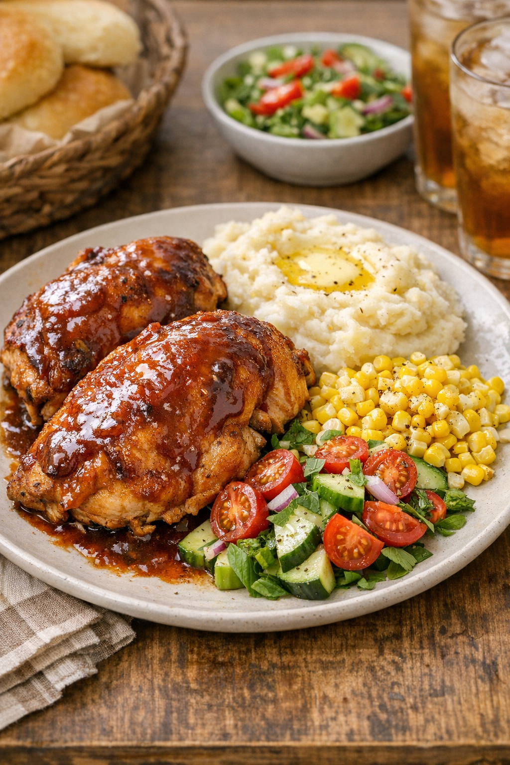 Plated slow cooker chicken with summer sides