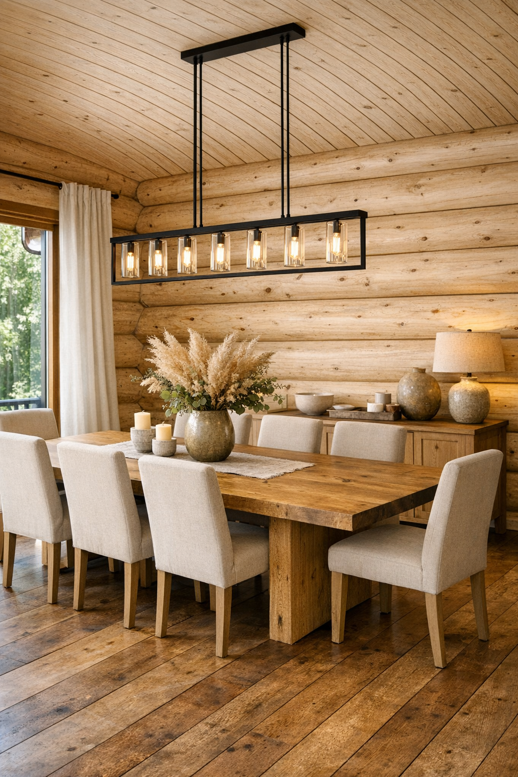 Rustic dining room with natural wood table and upholstered chairs in a log home