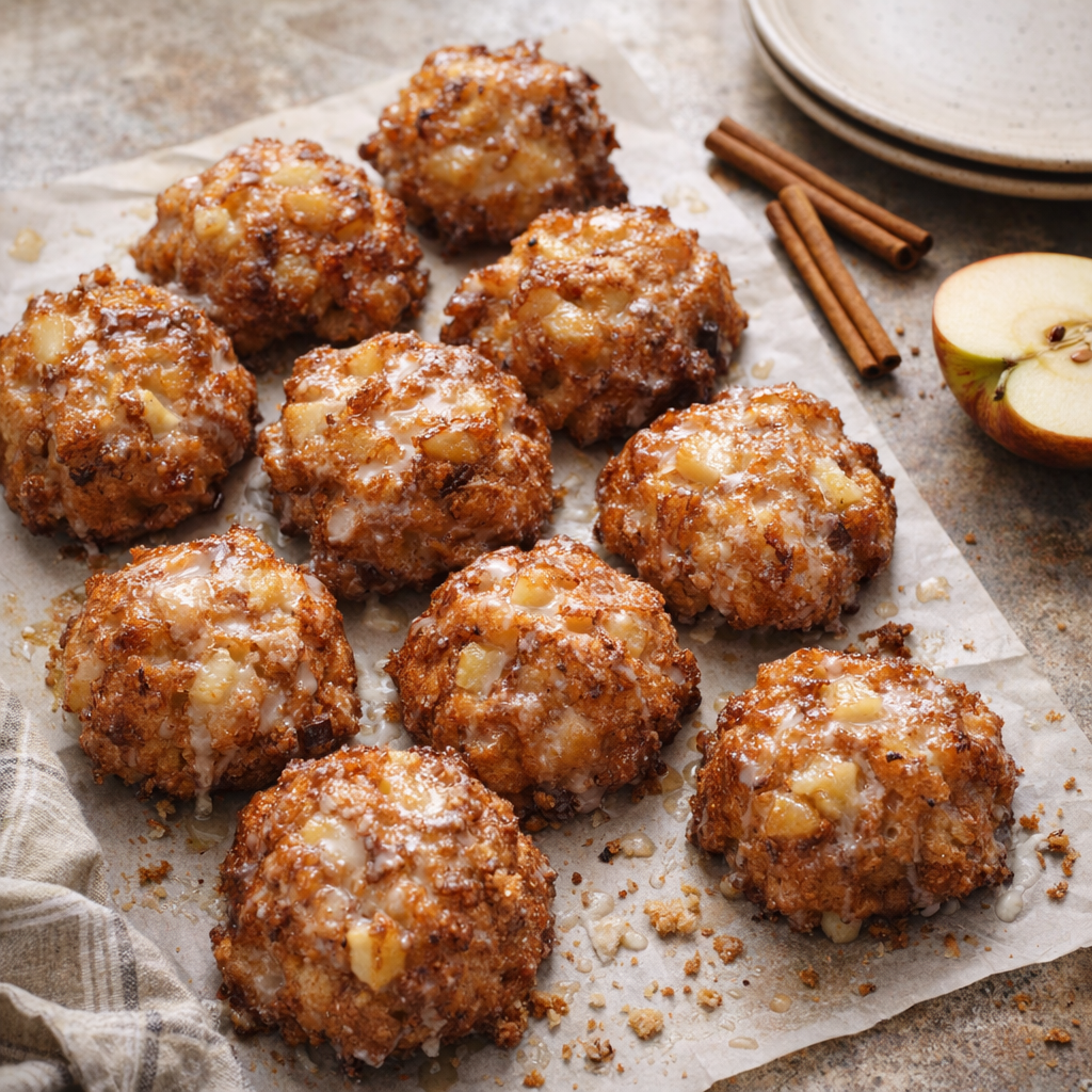 Freshly baked apple fritters cooling on a farmhouse counter