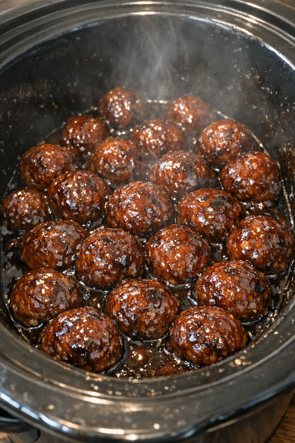 Glossy glazed meatballs in a slow cooker