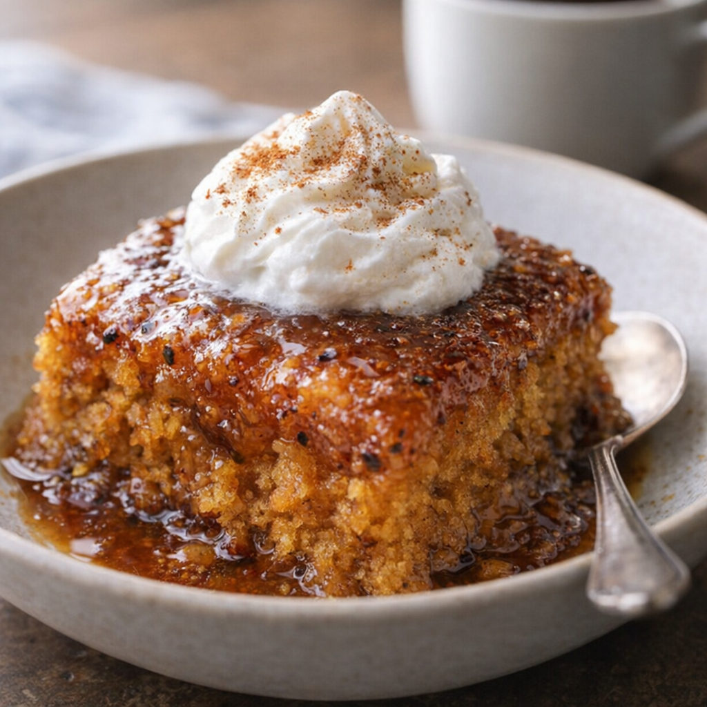 Served portion of spiced amber cake with whipped cream