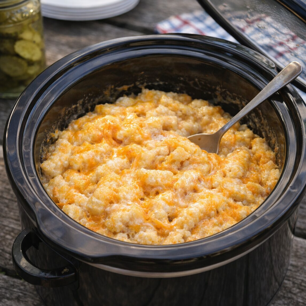 Slow cooker cheesy potatoes on a picnic table