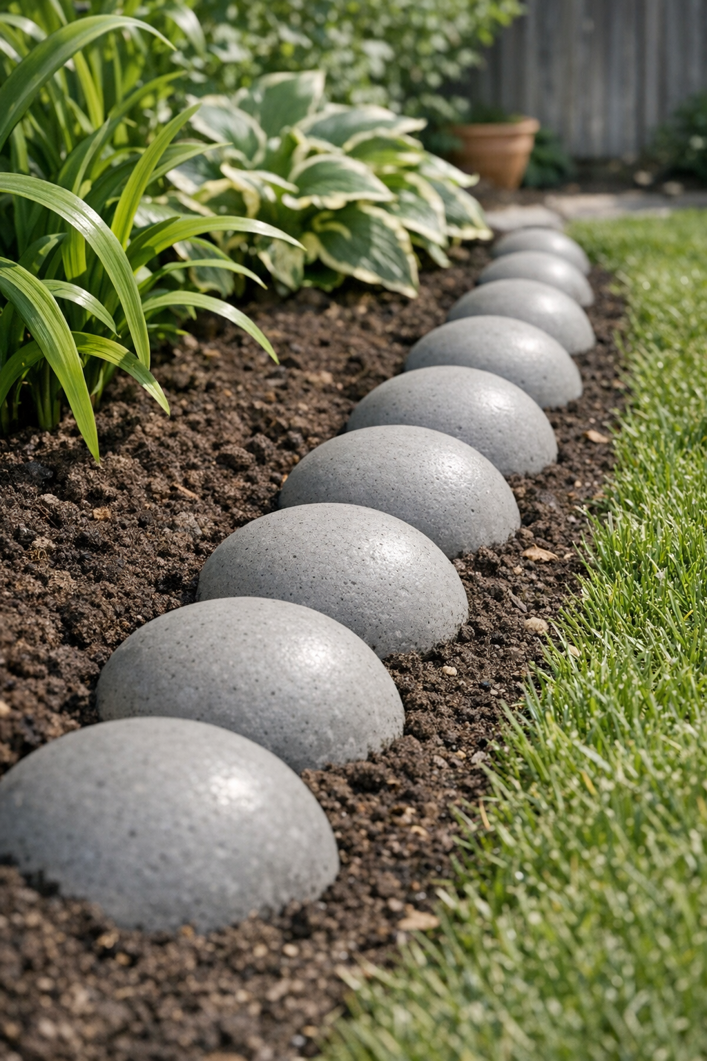 Finished domed grey cement garden border stones made from a red silicone muffin pan
