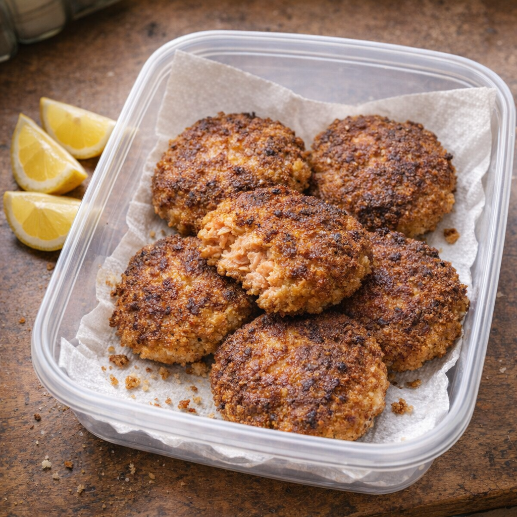 Salmon patties cooling on a paper towel-lined container