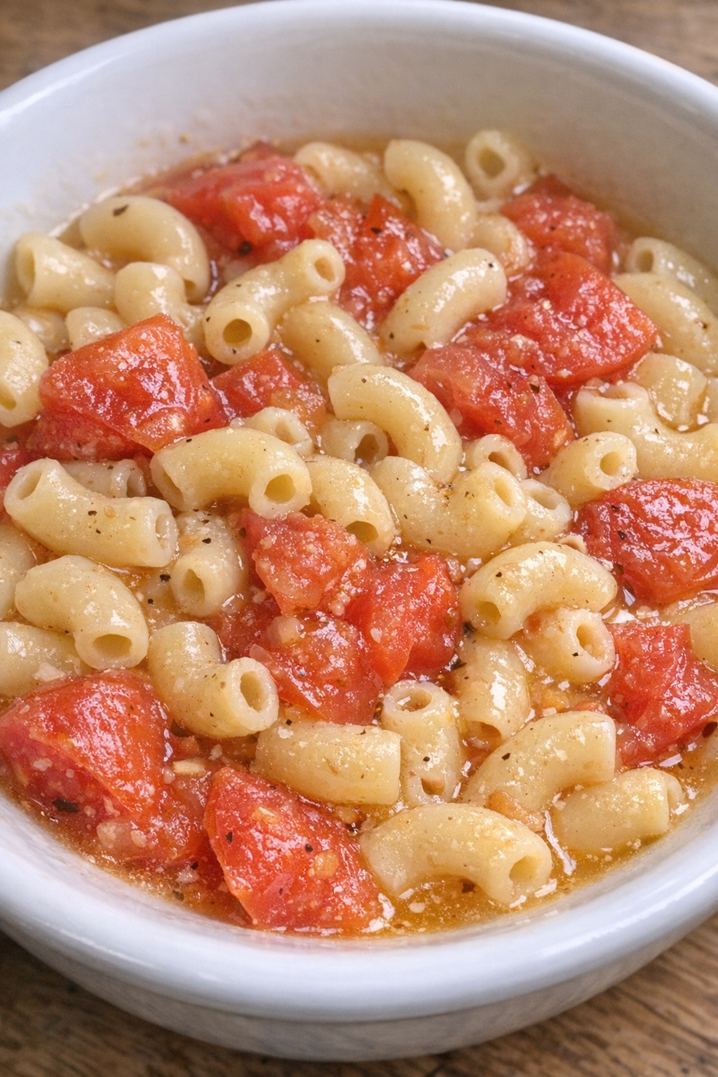 Finished macaroni and tomatoes in a white bowl