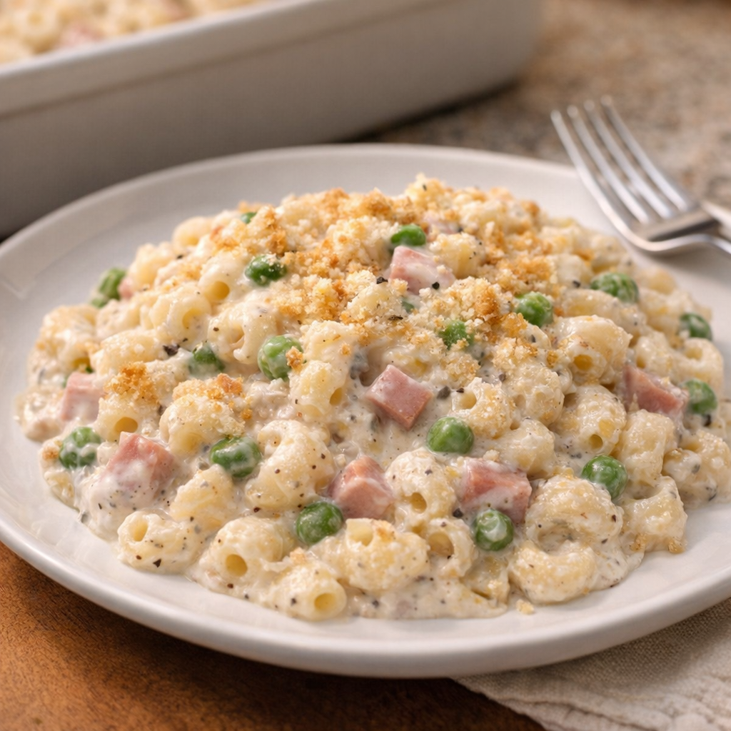 Serving of ranch macaroni with peas and ham on a dinner plate