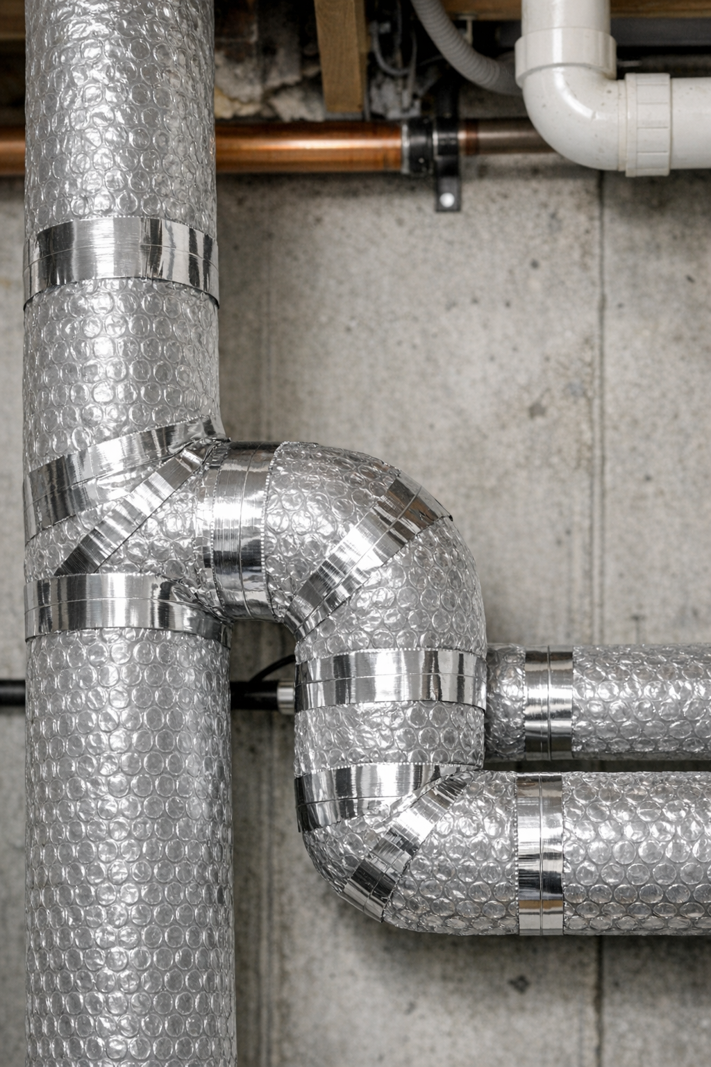 Finished heavy-duty insulating pipe wraps made from ironed bubble wrap and foil tape