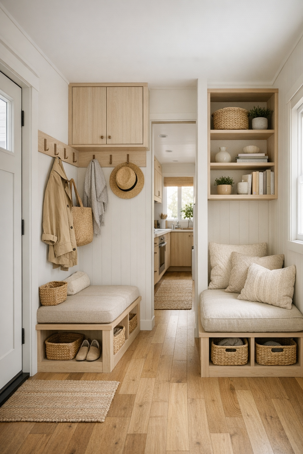 Tiny home entry and flexible nook with built-in storage in soft oat tones