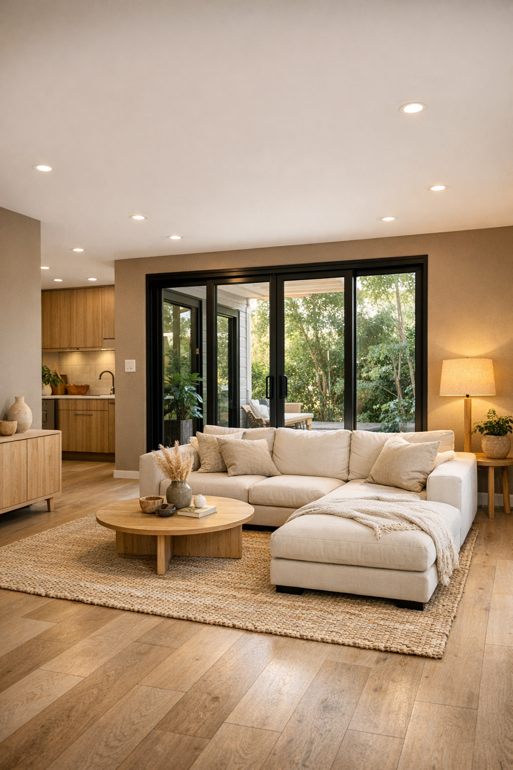 Warm taupe accessible living room with creamy seating and large windows