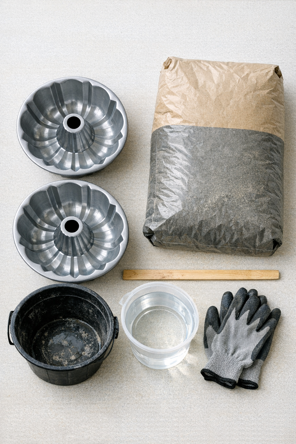Metal bundt pans and bags of cement laid out for the project