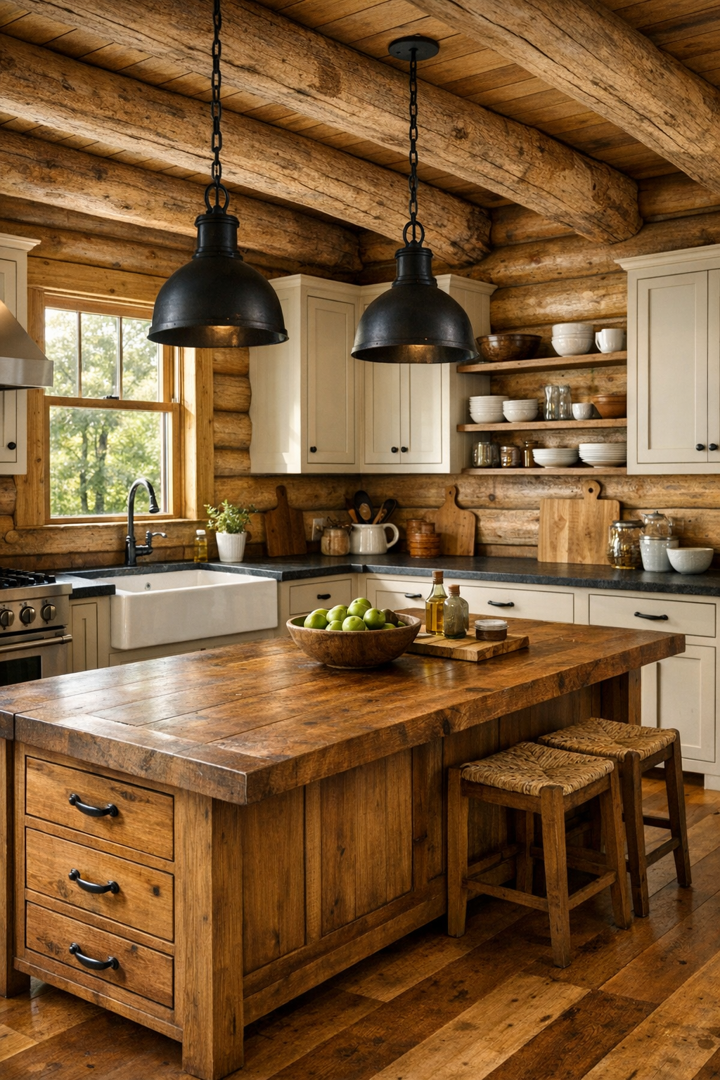 Kitchen with custom rustic cabinetry, a large island, soapstone counters, and warm natural light
