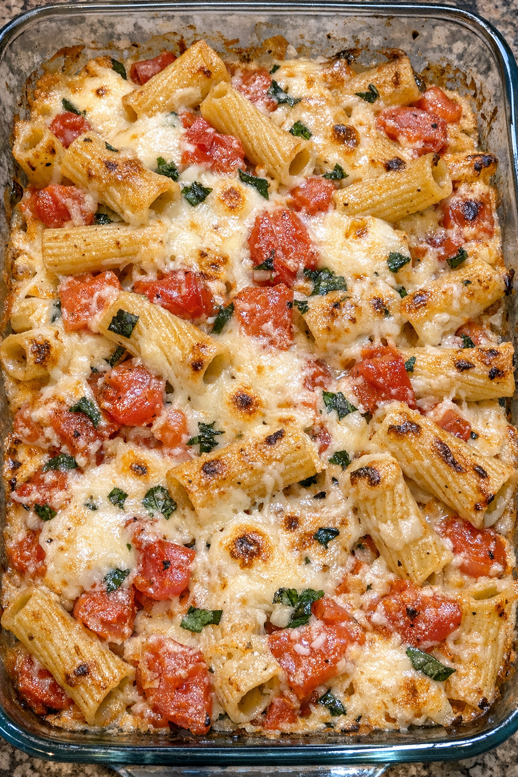 Golden baked bruschetta rigatoni in a glass baking dish