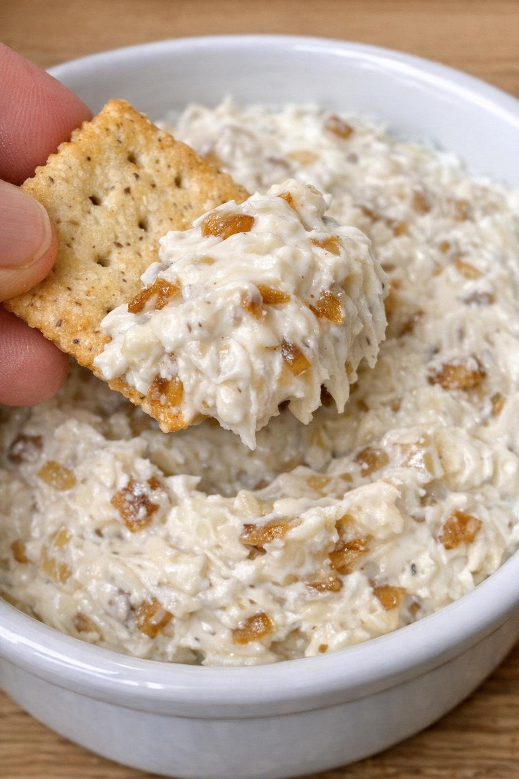 Onion Montgomery dip in a white bowl with a cracker scooping it