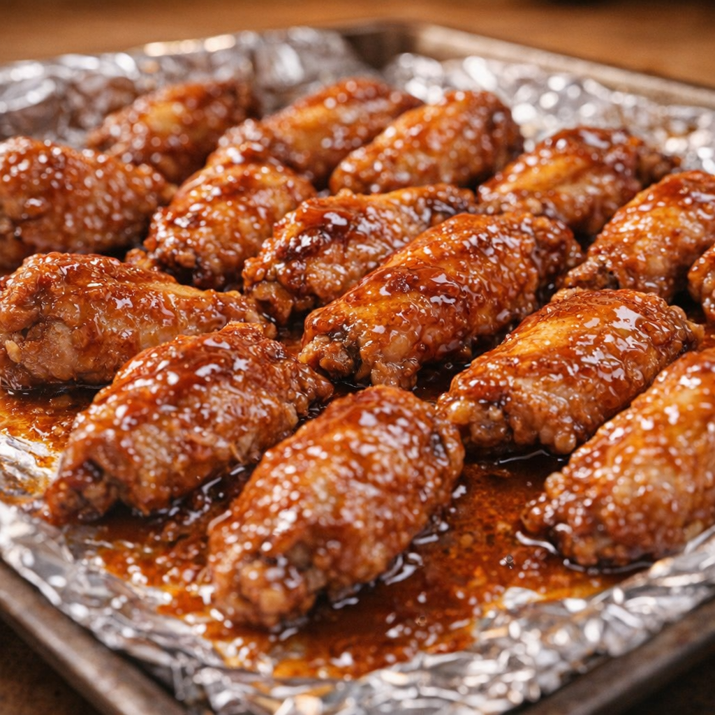 Cooked wings arranged on a foil-lined baking sheet
