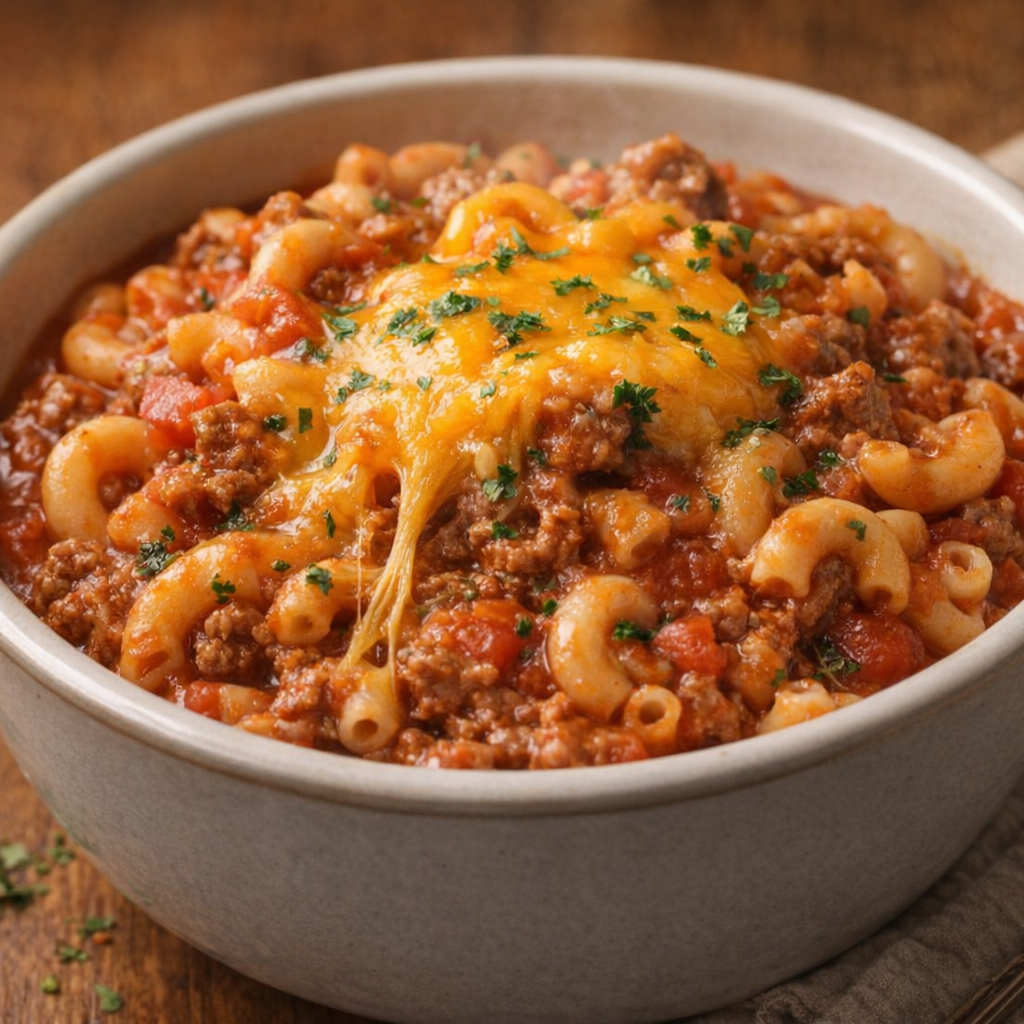 Finished goulash topped with melted cheddar