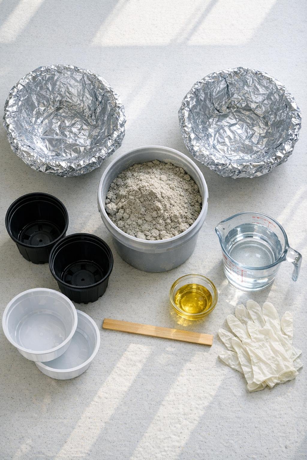 Materials for making two fluted concrete planters laid out on a work surface