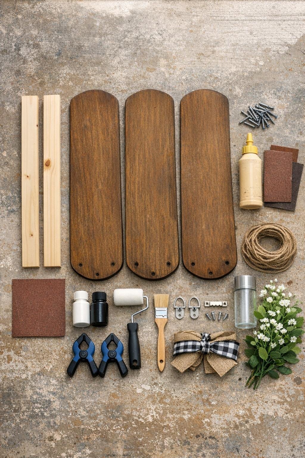 Materials laid out for the ceiling fan blade porch sign