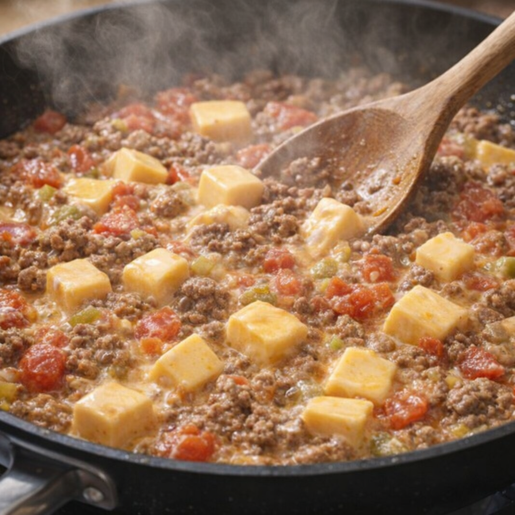 Ground beef and cheese melting together in a skillet