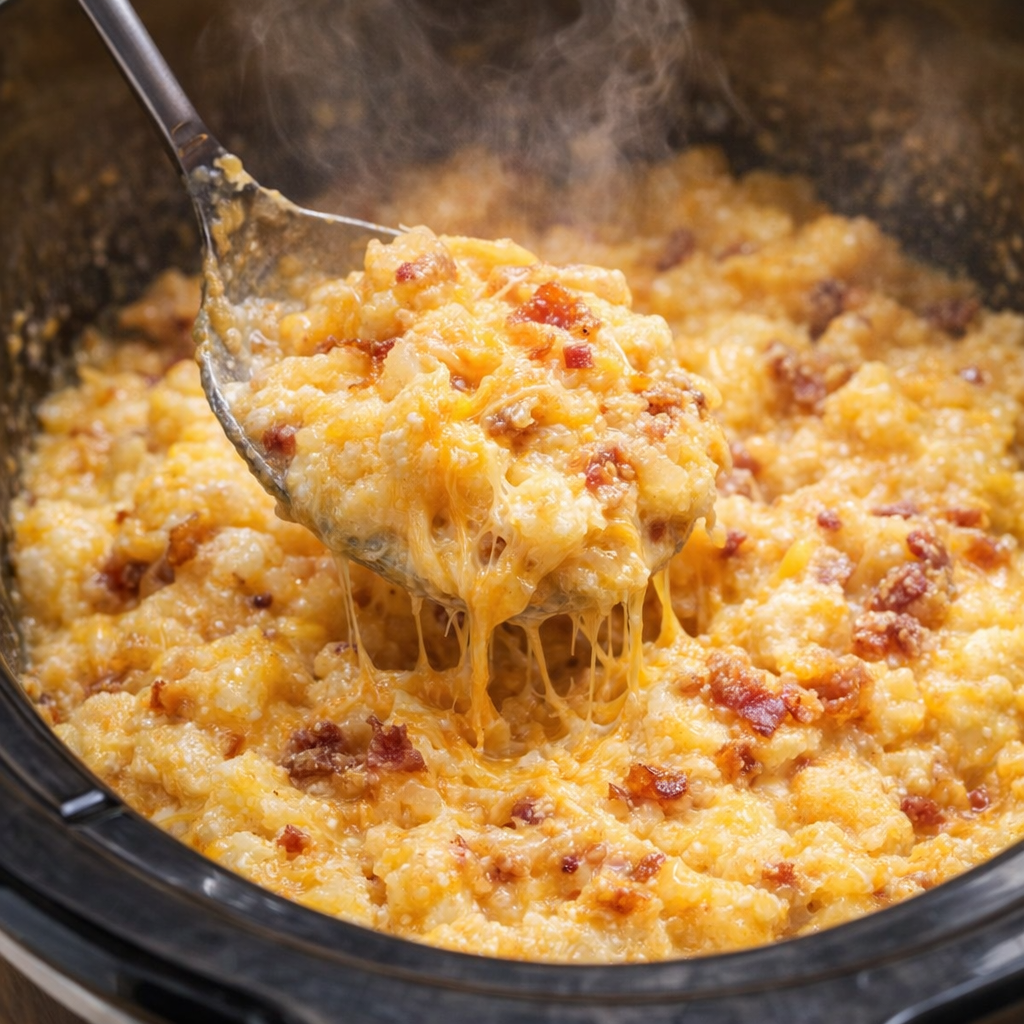 Cheesy potatoes being stirred into a casserole-like texture