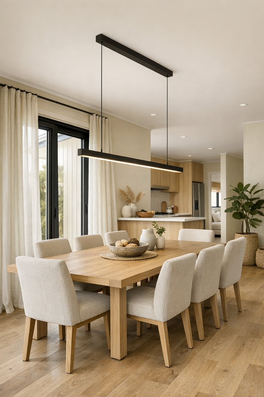 Modern dining room with a light wood table, upholstered chairs, and a minimal pendant light