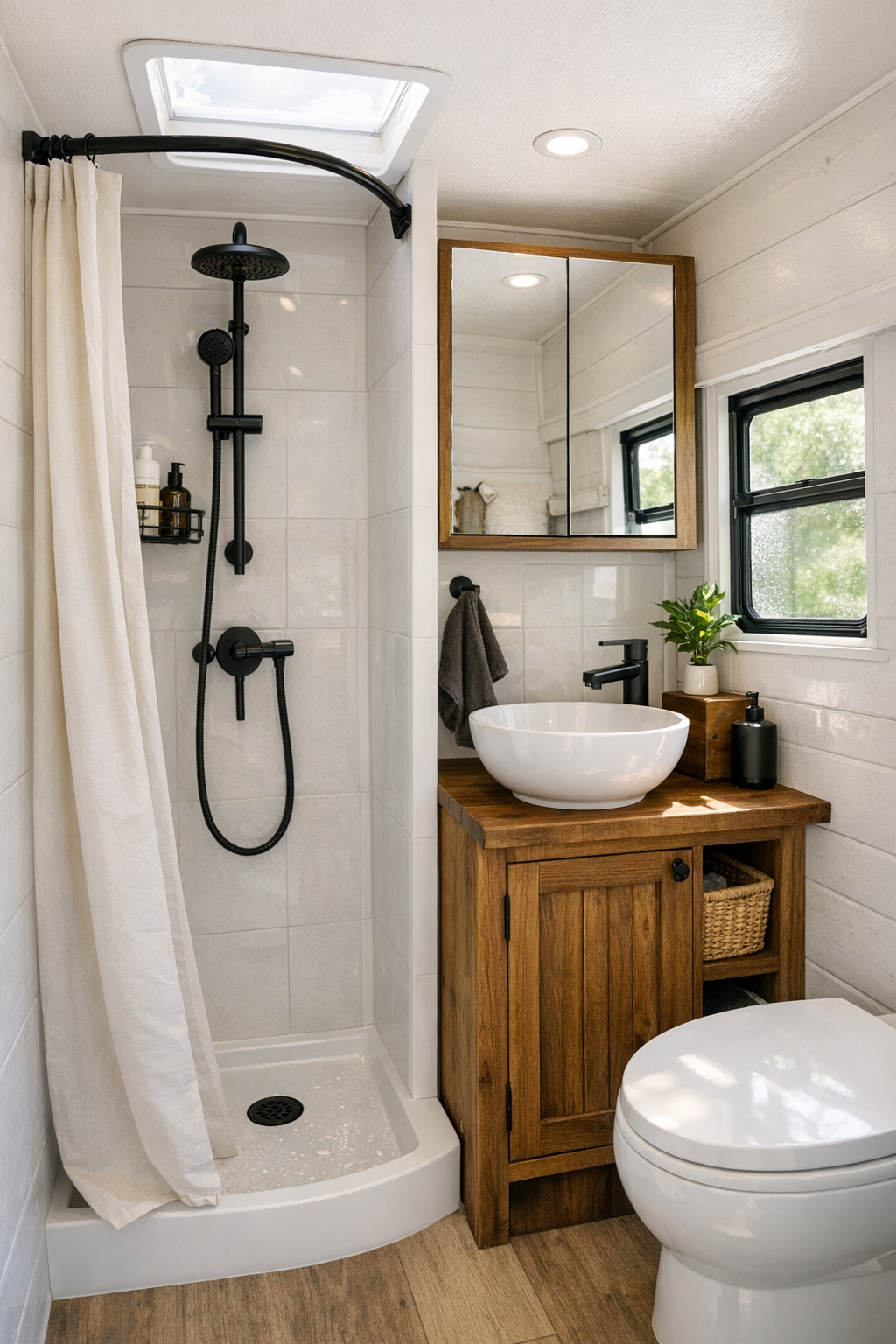 Compact bathroom in a converted bus with small shower and wood vanity