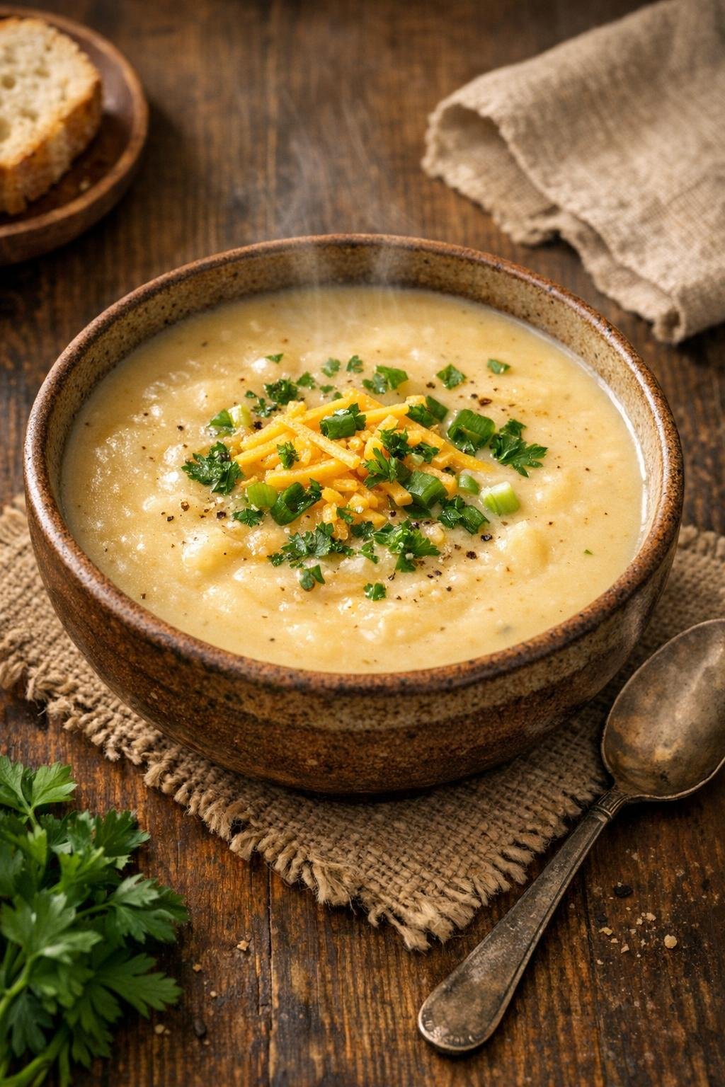Vegetarian potato soup served with herb garnish
