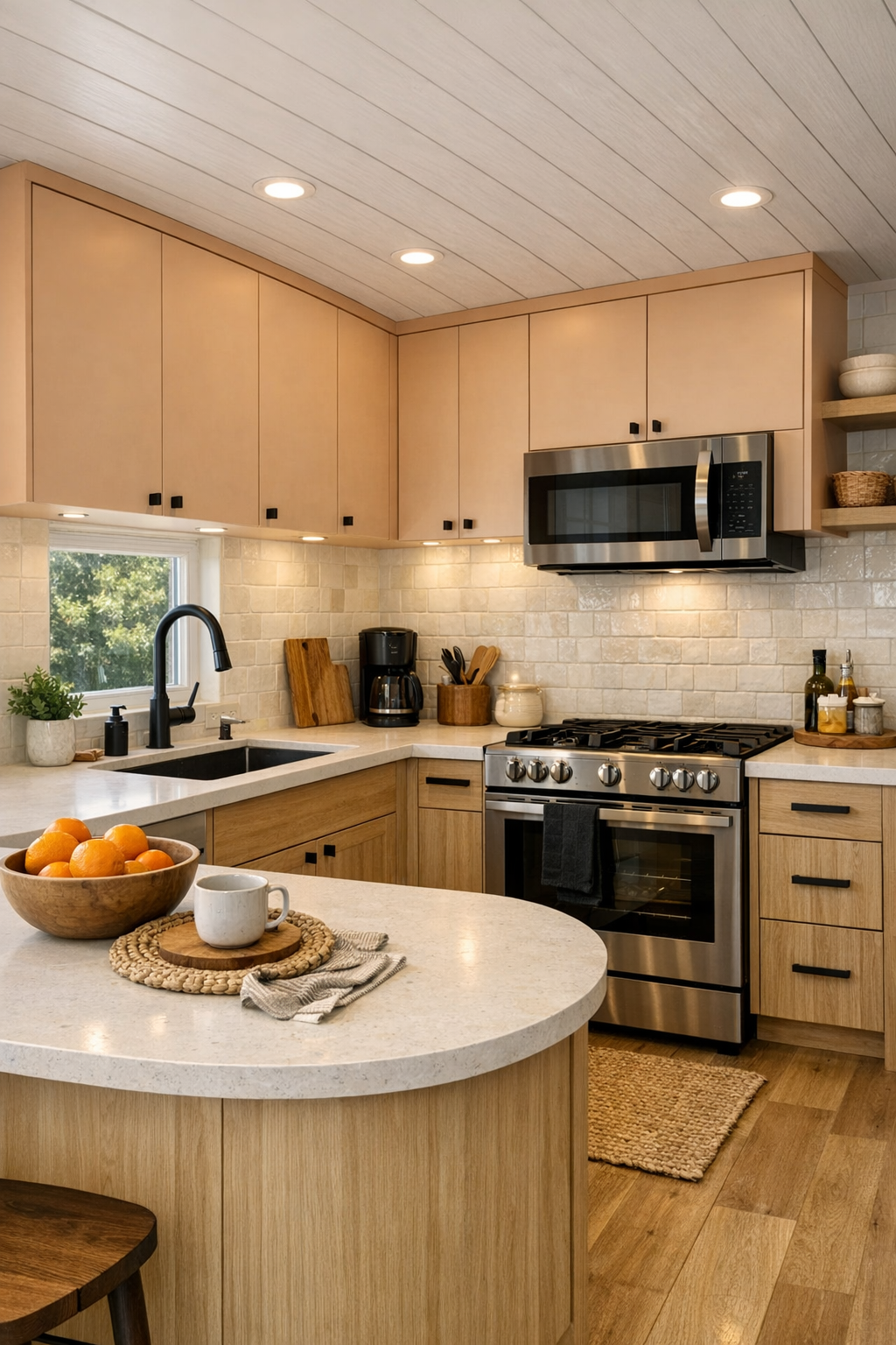 Thoughtfully accessible kitchen with peach-beige cabinets, light oak, and creamy counters