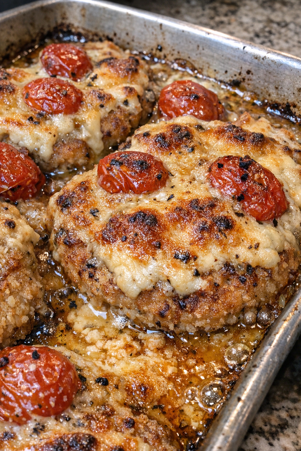 Bubbling golden-brown chicken bake in a metal baking sheet