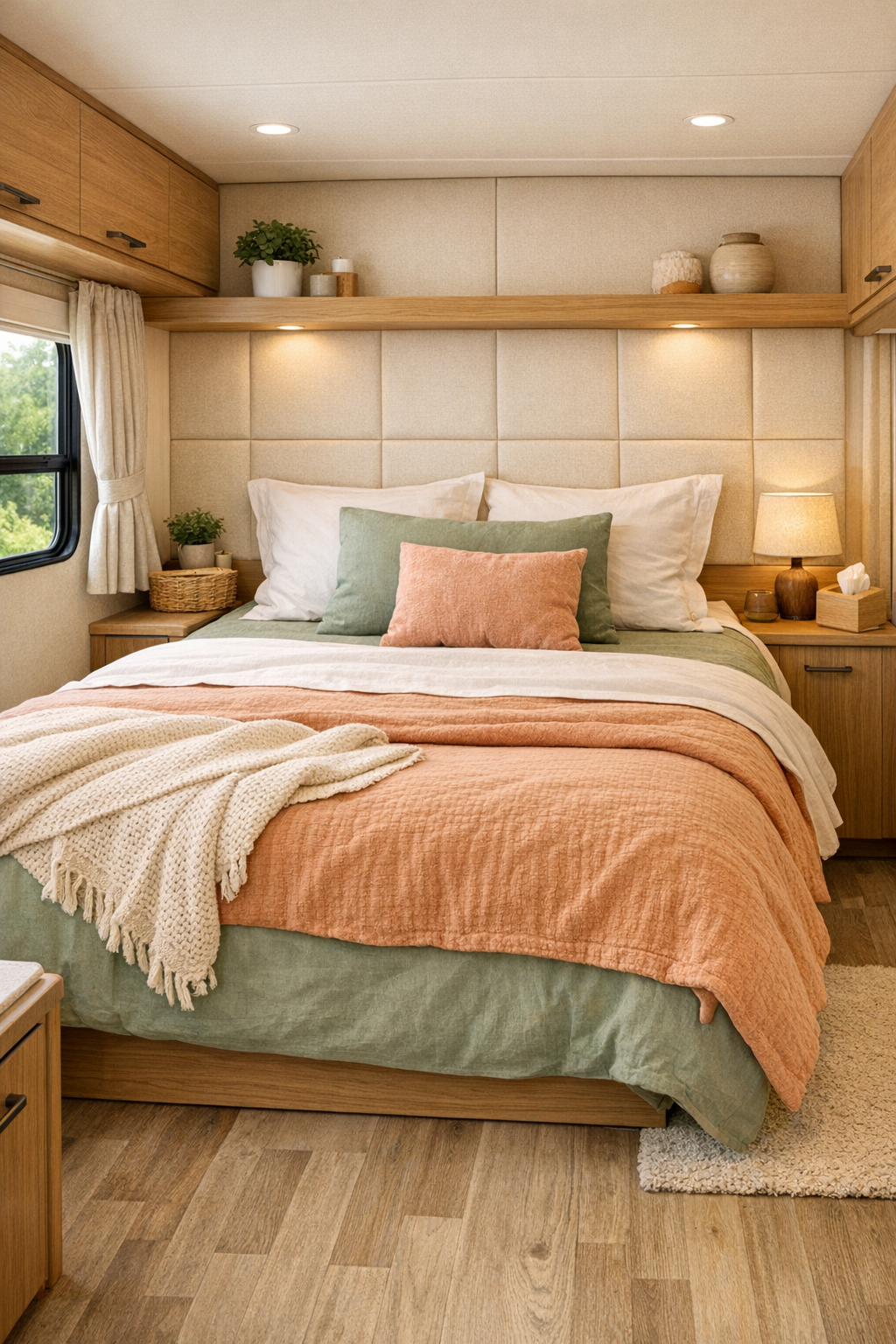 Calm RV camper bedroom with upholstered wall panels and soft bedding