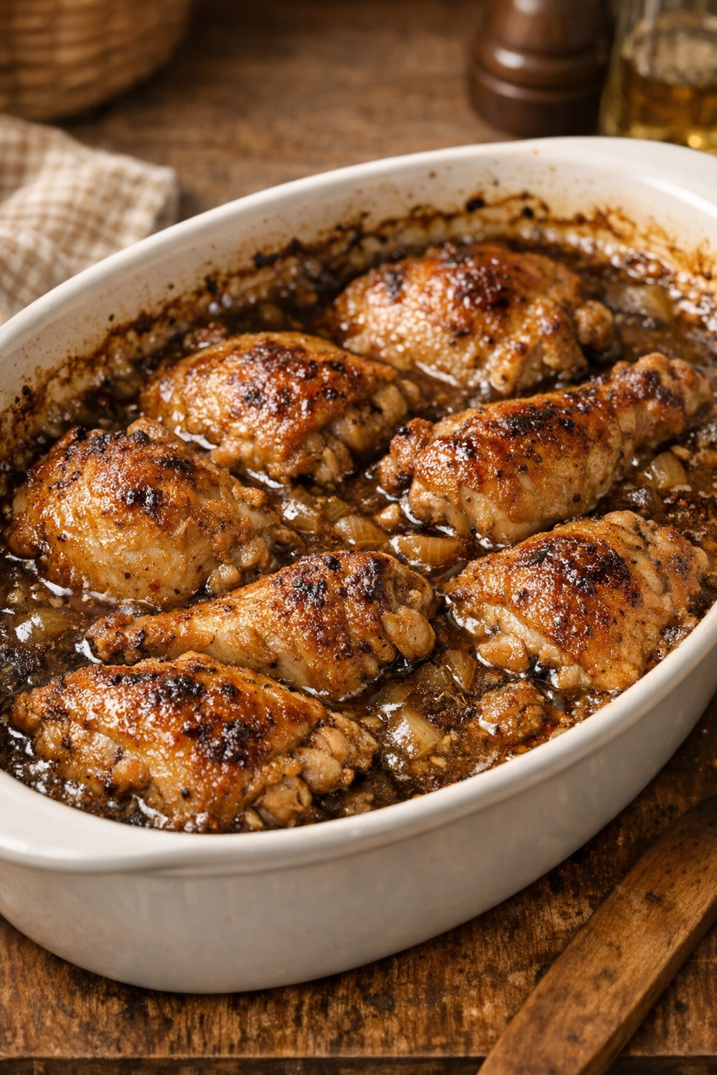Chicken baking uncovered until browned
