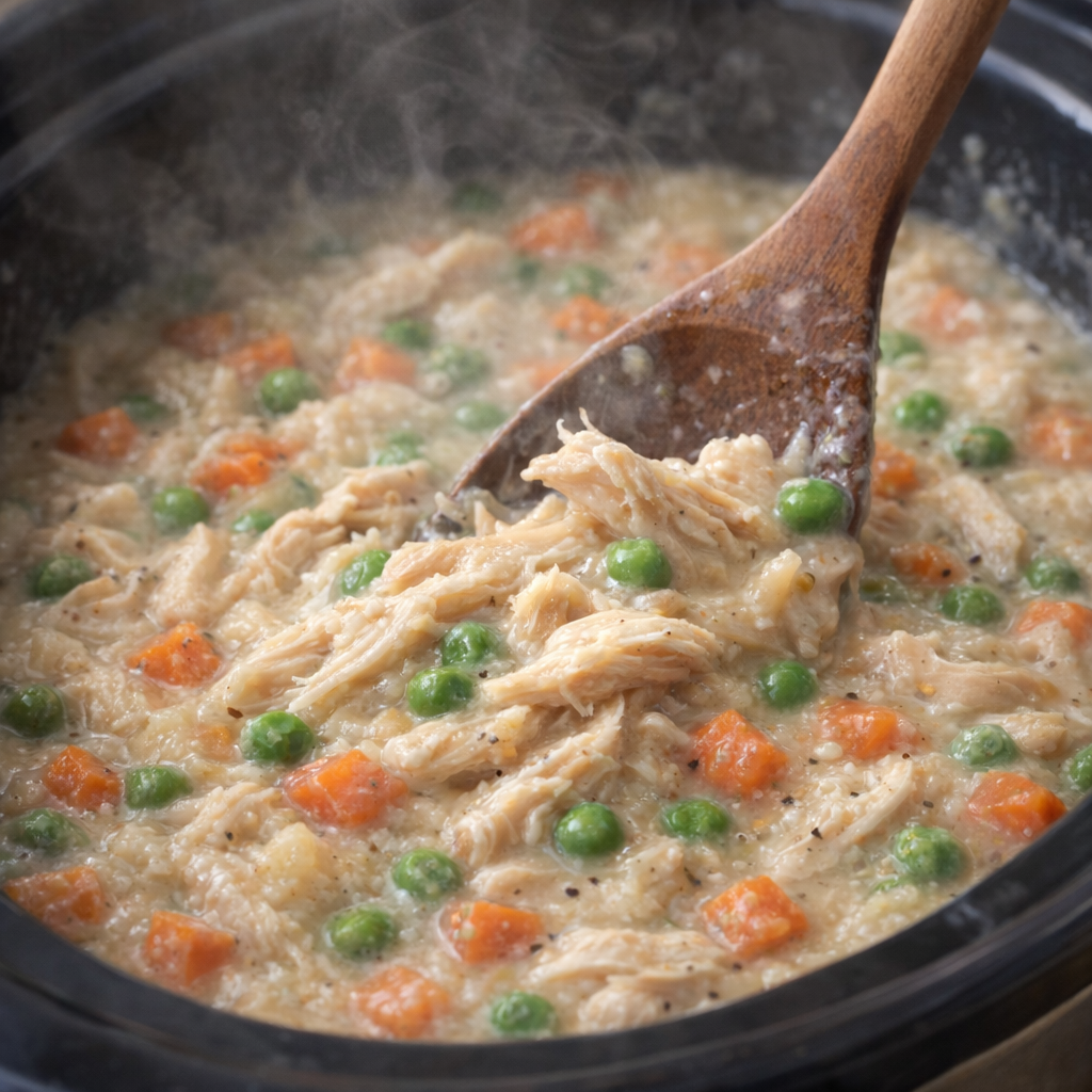 Shredded creamy chicken pot pie filling being stirred in the slow cooker