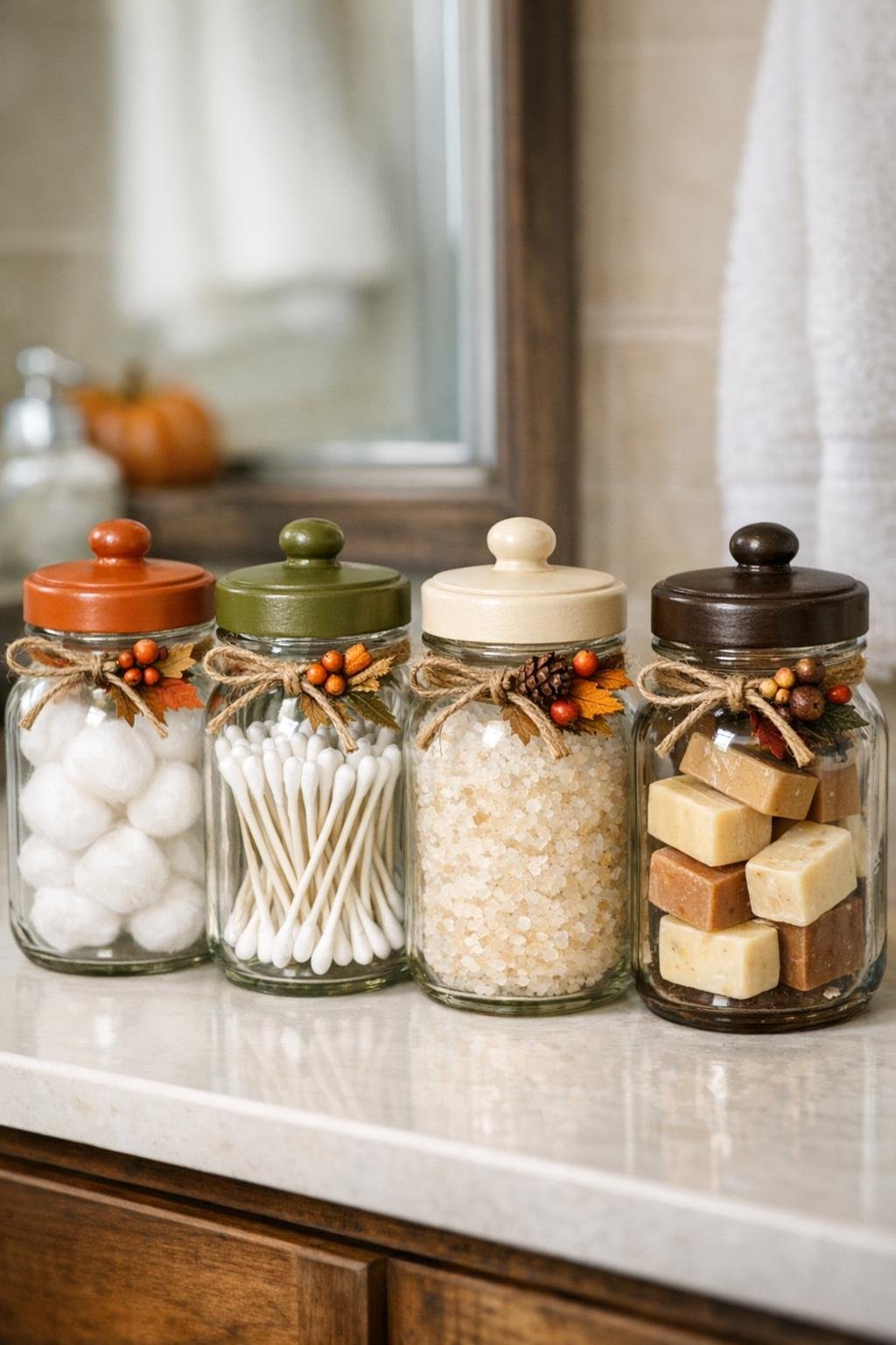 Finished fall bathroom storage set made from four thrifted glass apothecary bottles