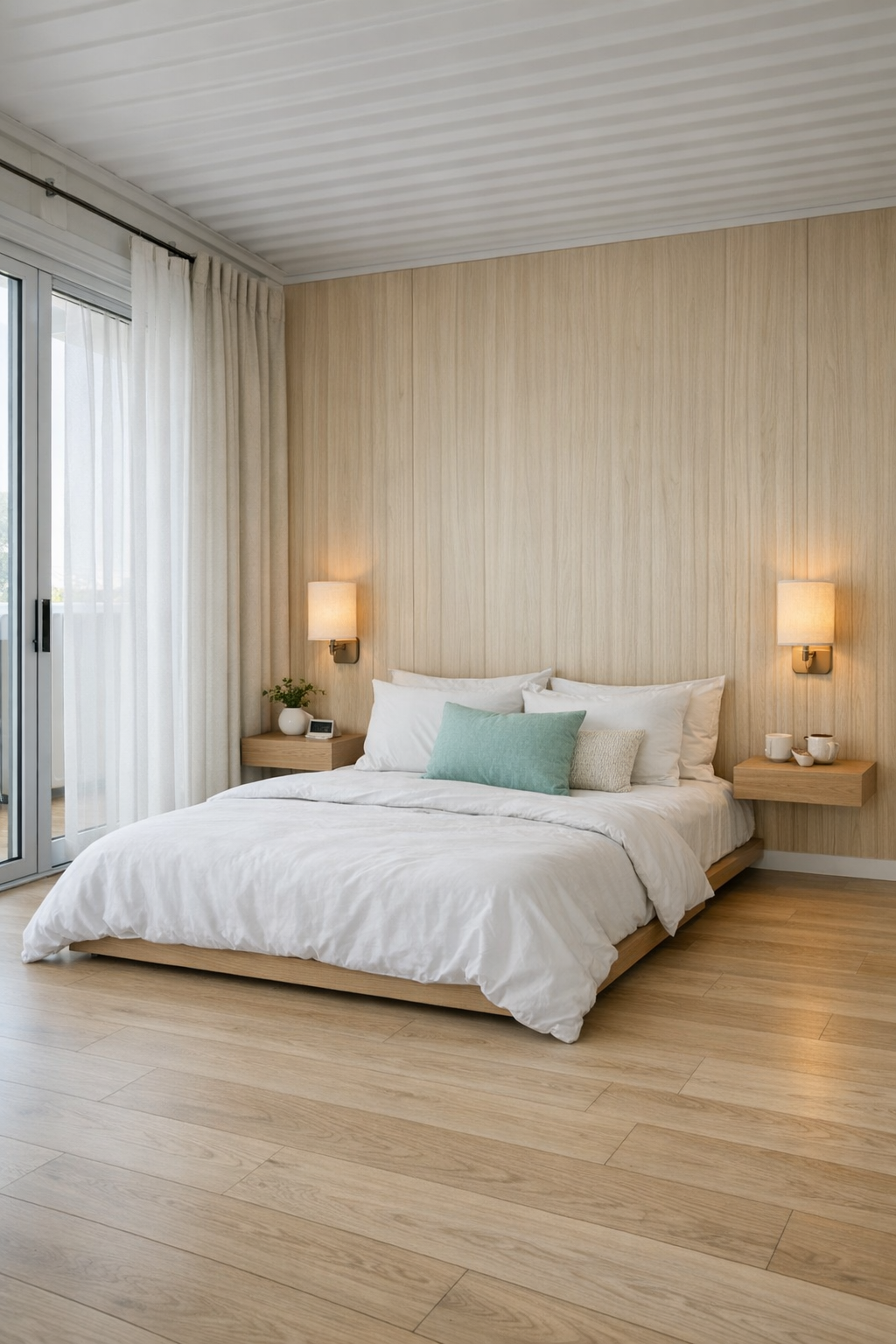 Serene bedroom with soft linens, pale wood, and subtle mint accents