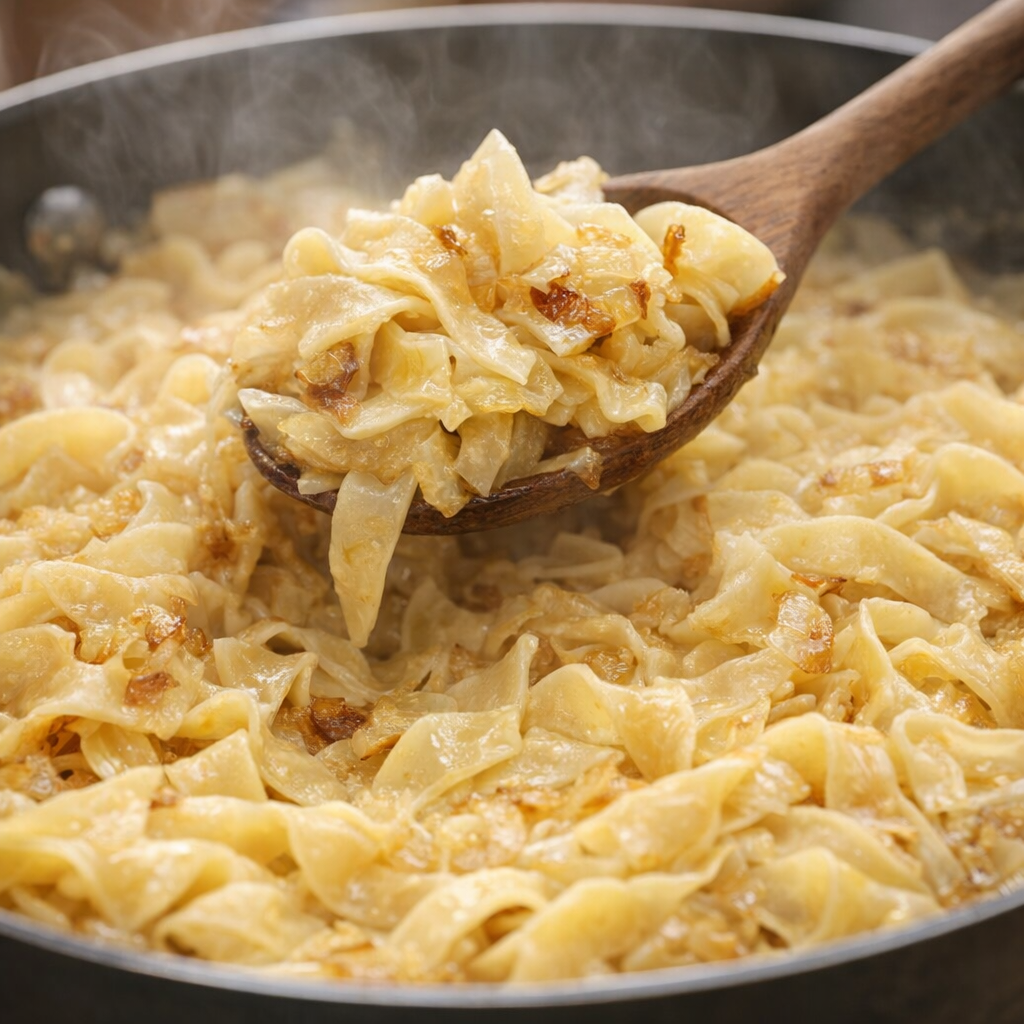 Cabbage and noodles being tossed together in the pan