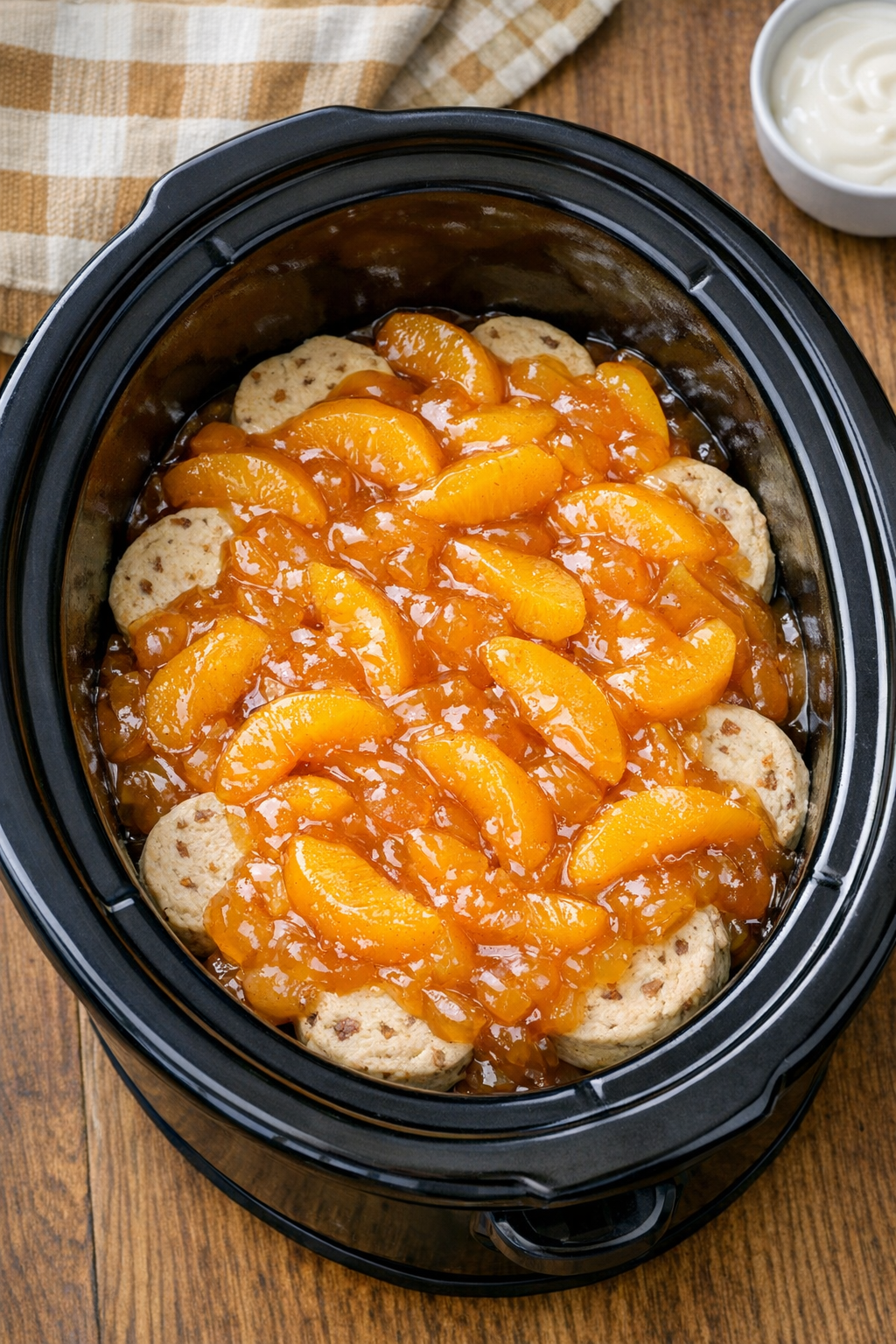 Peach pie filling spread over cinnamon roll dough