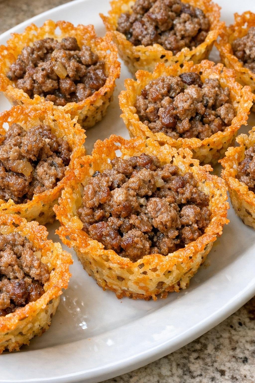 Lacy golden baked cheese cups filled with seasoned ground beef on a white platter