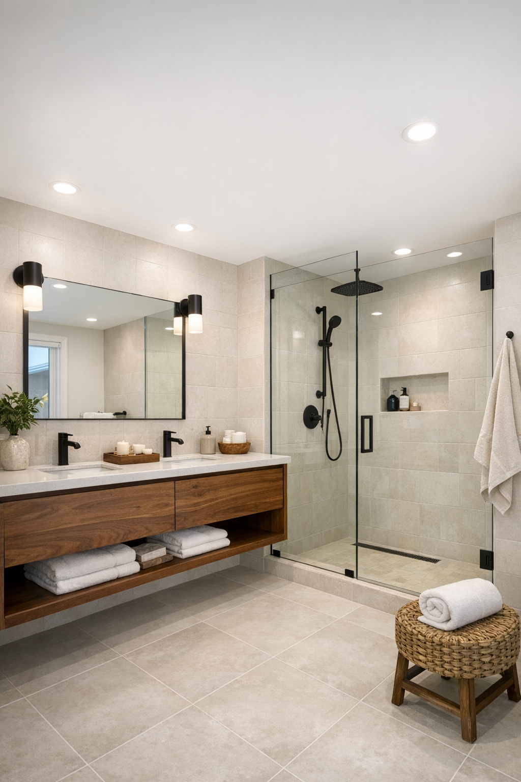 Spa-like modern bathroom with floating wood vanity, quartz top, and glass shower
